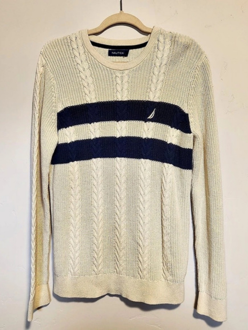 Nautica Striped Cable-Knit Crewneck Sweater in Cream